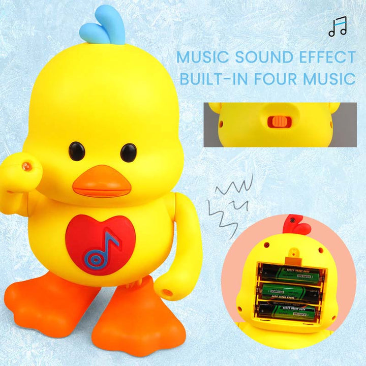 Group of kids observing the fun, light-up dancing duck toy, a perfect gift idea.