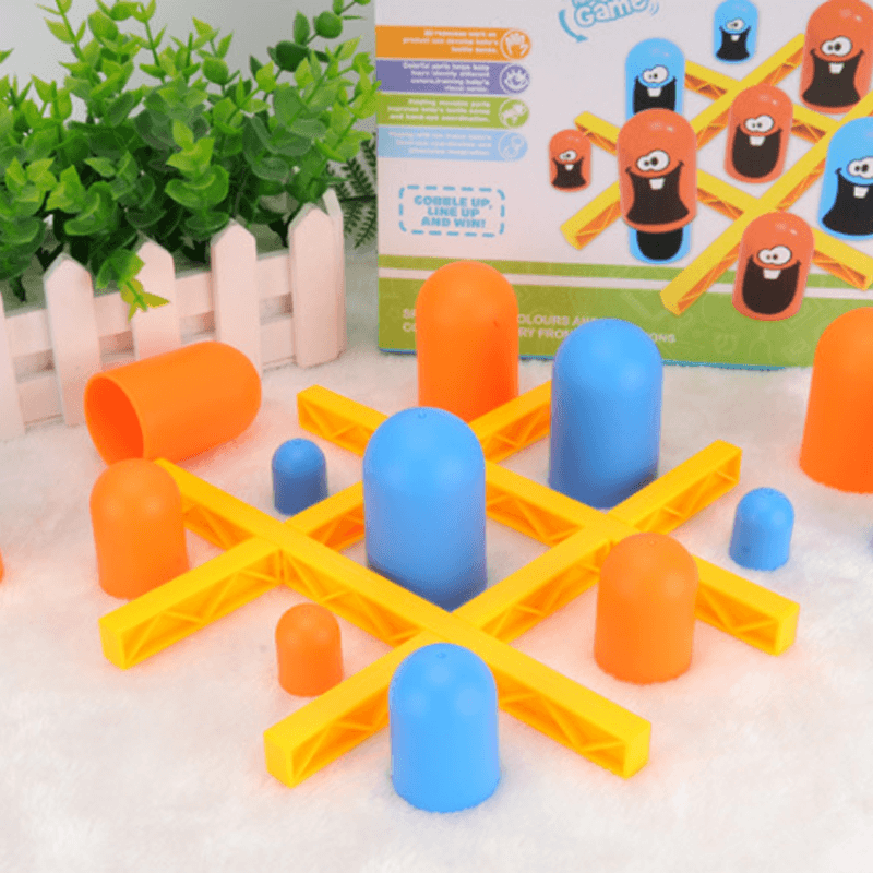Close-up of a colorful Tic-Tac-Toe game piece on a durable wooden board, perfect for parties