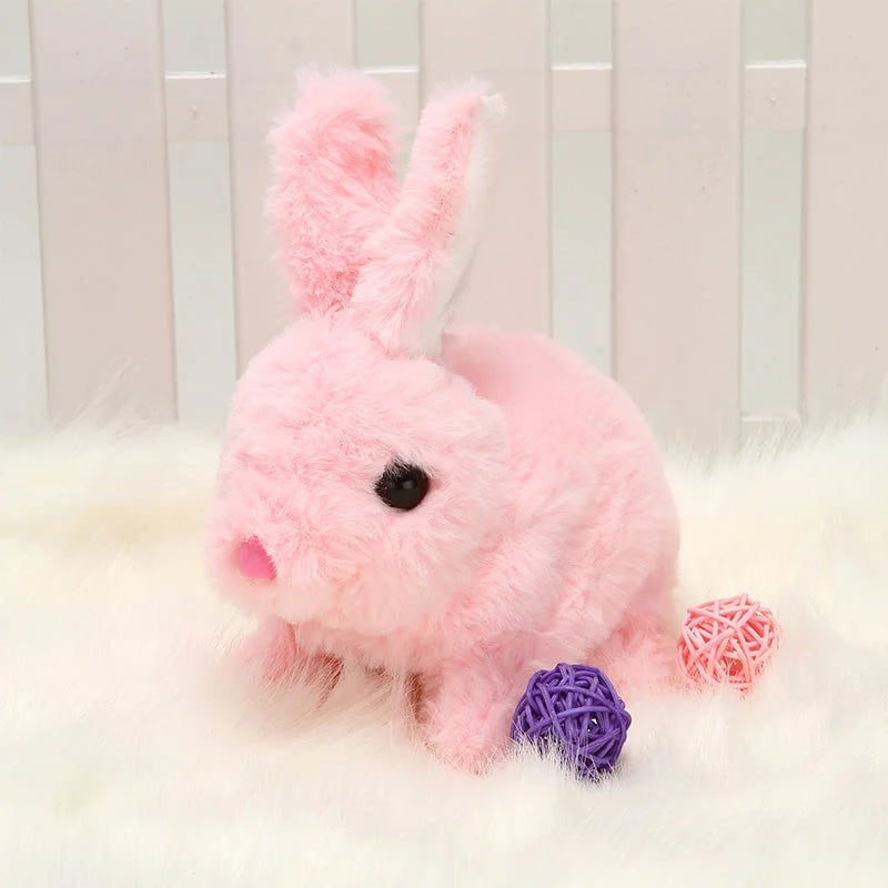 Group of interactive walking plush bunny toys in various poses, fun for all children