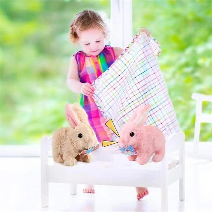 Side view of the walking plush bunny toy, soft and engaging for young children