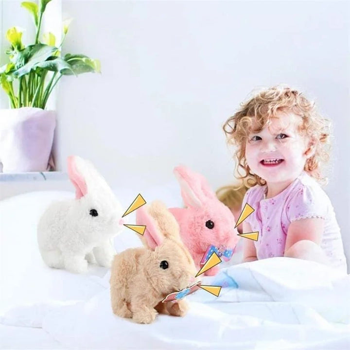 Detailed image of the interactive children's plush bunny toy, showing its texture