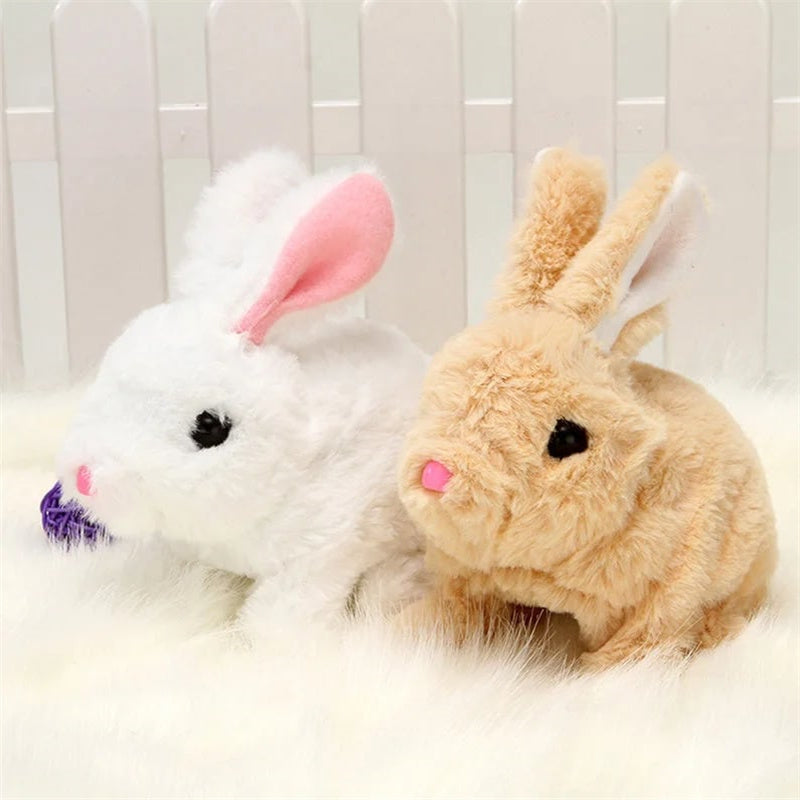 Plush bunny walking on a clean surface, an interactive toy for kids' playtime