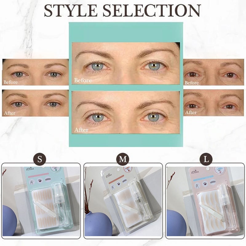 Invisible eyelid tapes applied subtly near the lash line, for an instant eye lift and double eyelid.