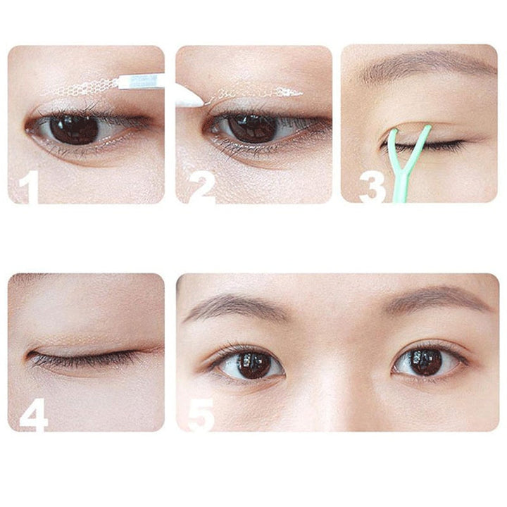 Comparison image: eye without and with invisible eyelid lifting tapes for cosmetic enhancement.