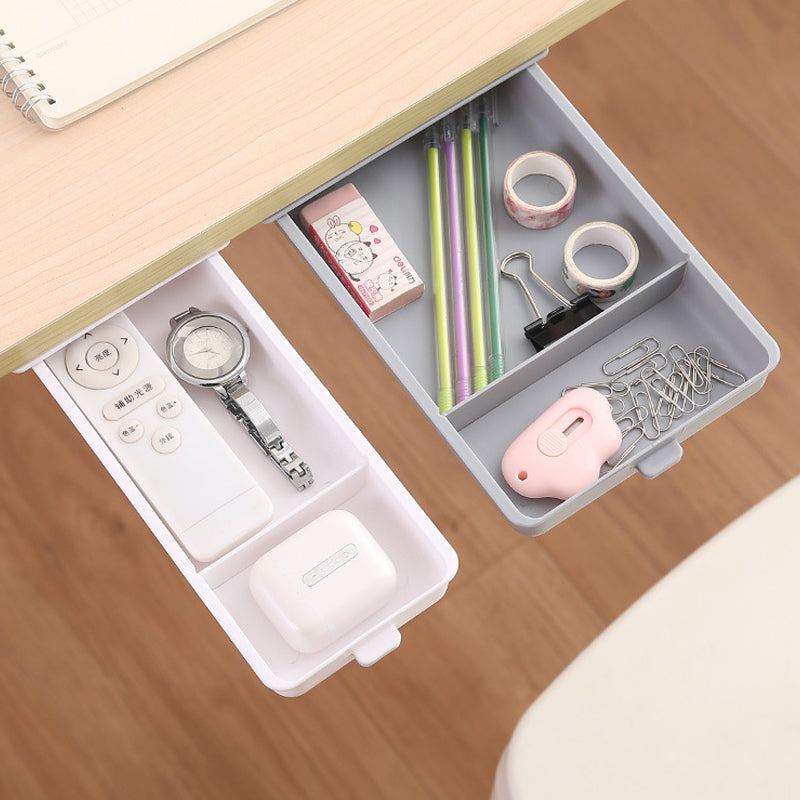 Invisible under desk storage drawer organizer, sleek white, for office essentials and gadget storage.