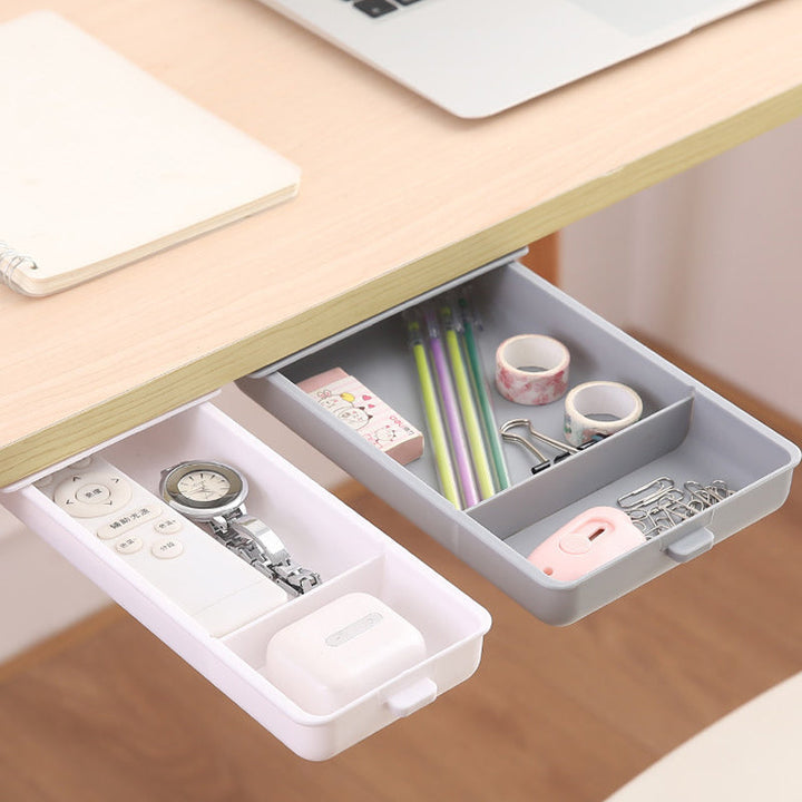 Under desk pull-out organizer, transparent, perfect for hidden gadget and office essential storage.