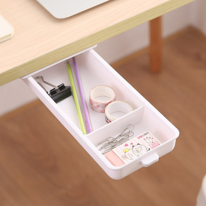Invisible storage drawer, mounted under desk, ideal home office solution for clutter-free space.