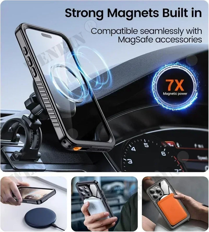 Durable full-body waterproof iPhone case with magnetic closure for ultimate phone protection during diving.