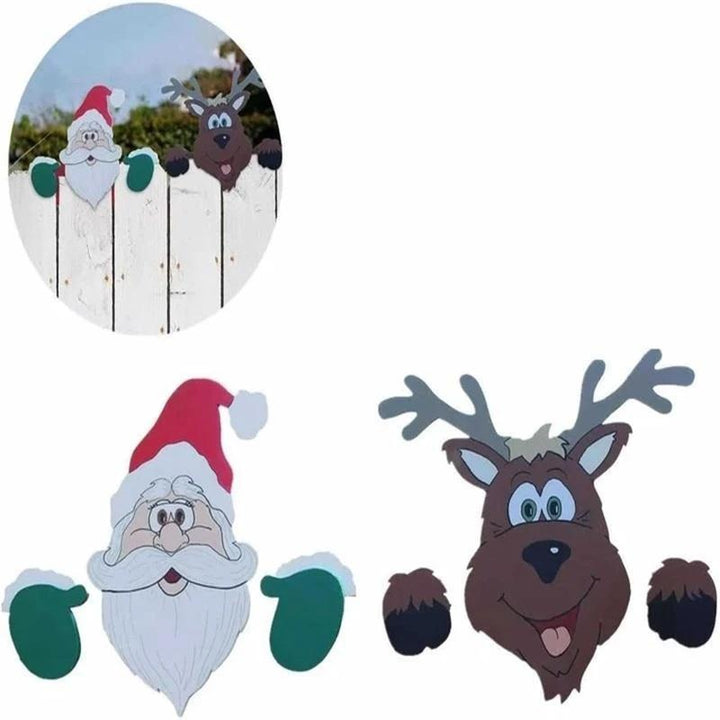 Outdoor Christmas snowman peeking over fence, festive winter garden decoration