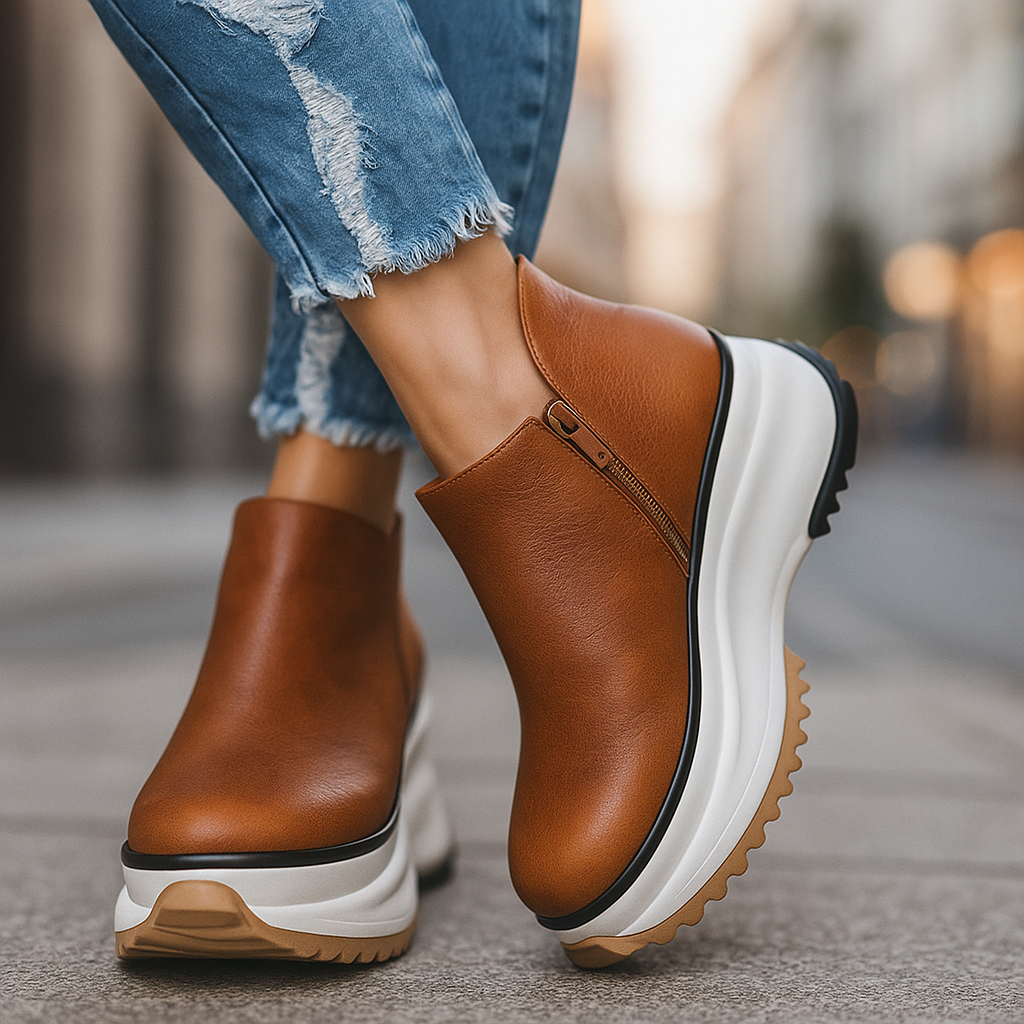 Khaki textured platform shoes for women, offering orthopedic comfort and stylish elevation.