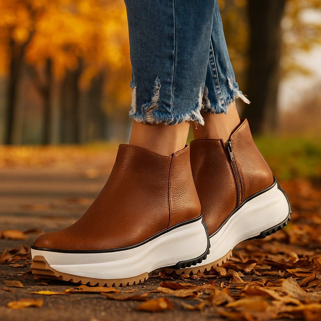 Pair of women's khaki platform shoes, featuring a textured upper and built for all-day comfort.