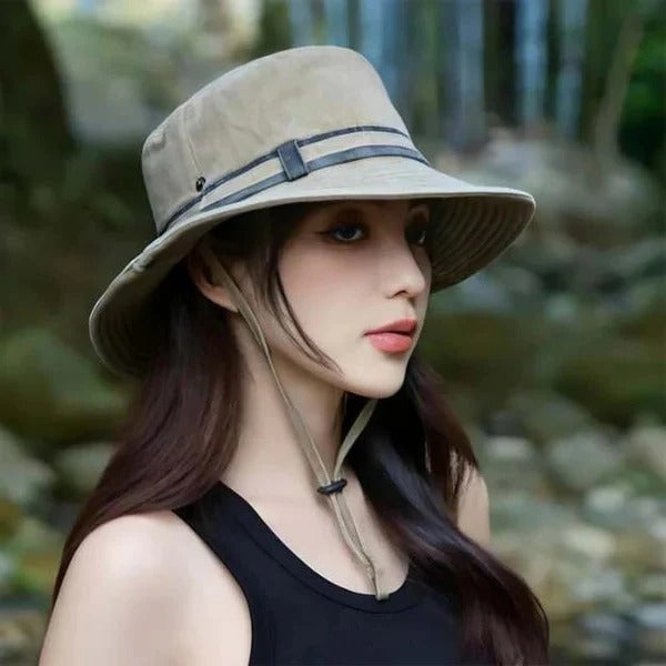 Khaki unisex outdoor bucket hat with chin strap, offering sun protection for hiking & fishing.