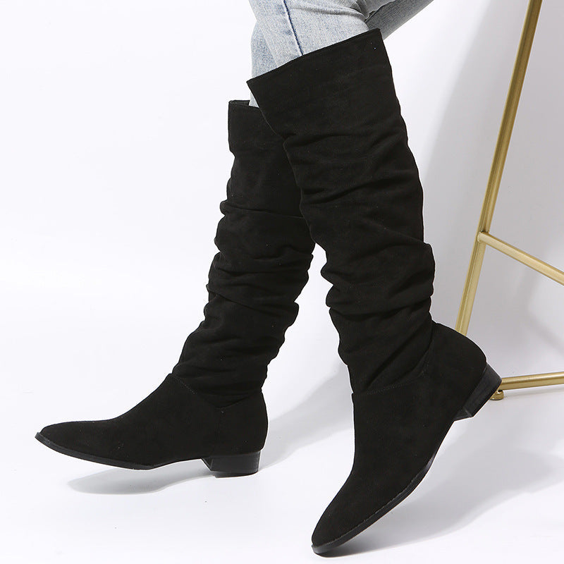 Khaki women's slouchy knee-high boots with stable block heel, perfect for casual winter fashion