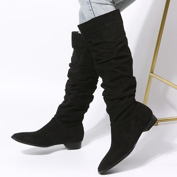 Khaki women's slouchy knee-high boots with stable block heel, perfect for casual winter fashion