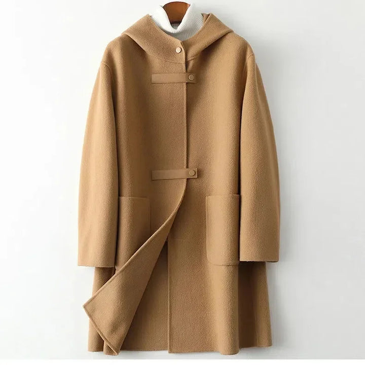 Khaki women's wool-blend hooded long coat with toggle closures and large pockets, front view.