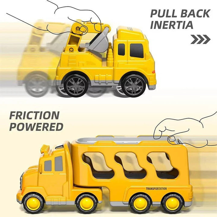 Durable kids' construction truck toy set with a large carrier, friction-powered vehicles, and a fun ramp.