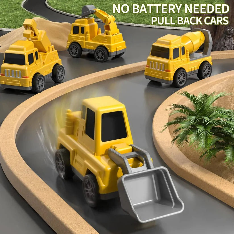 Complete 5-piece construction truck toy set, including a heavy-duty carrier & ramp, for kids' vehicle play.