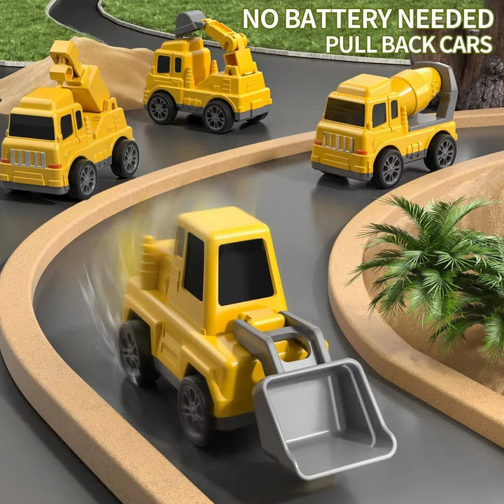 Complete 5-piece construction truck toy set, including a heavy-duty carrier & ramp, for kids' vehicle play.