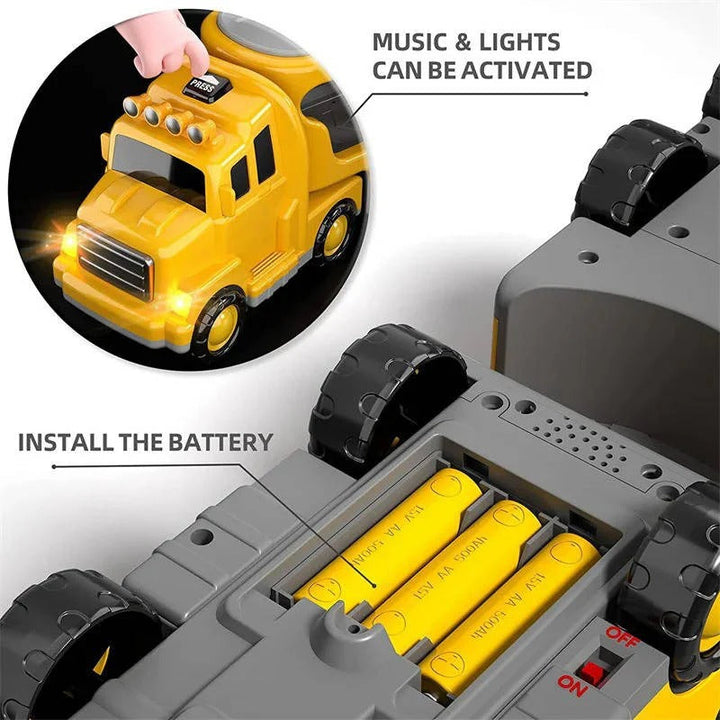 Large carrier truck with a ramp, transporting 4 mini construction vehicles from the 5-piece kids' toy set.