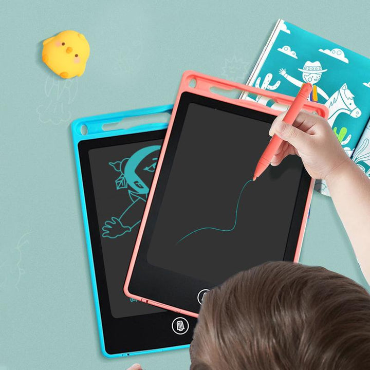 Kids' 8.5-inch LCD Drawing Tablet in blue, showcasing a colorful doodle, an educational toy for children.