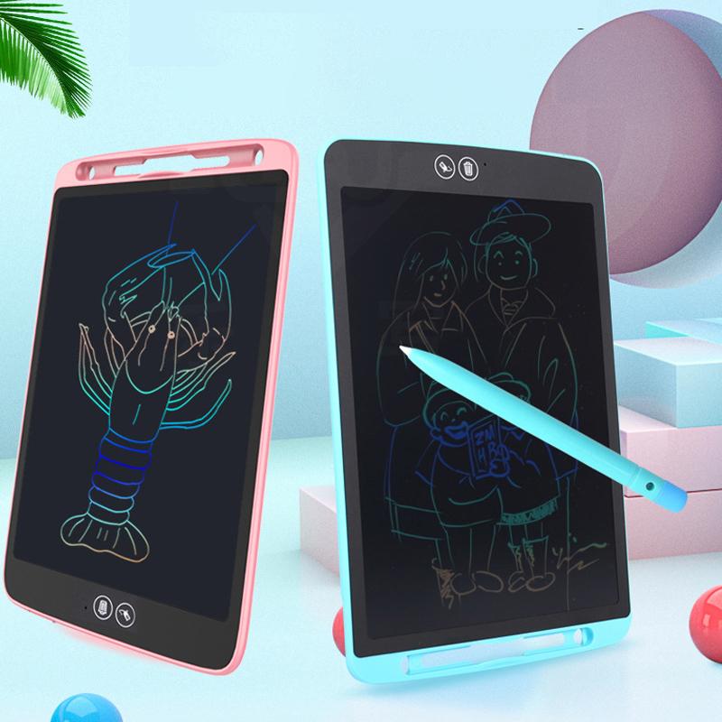 Child happily sketching on a portable LCD writing tablet with a stylus, promoting creativity and learning.