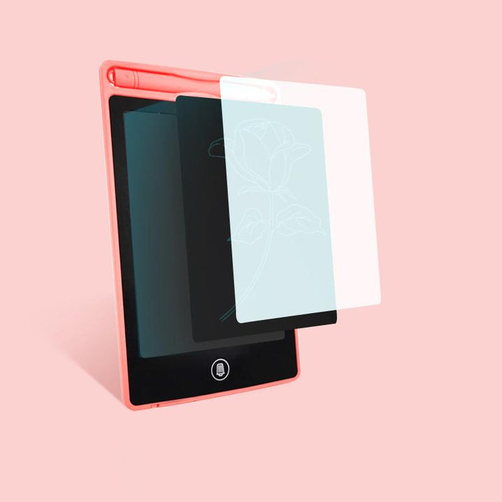 Overview of a durable kids' electronic sketchpad, demonstrating its thin profile and portability for learning.