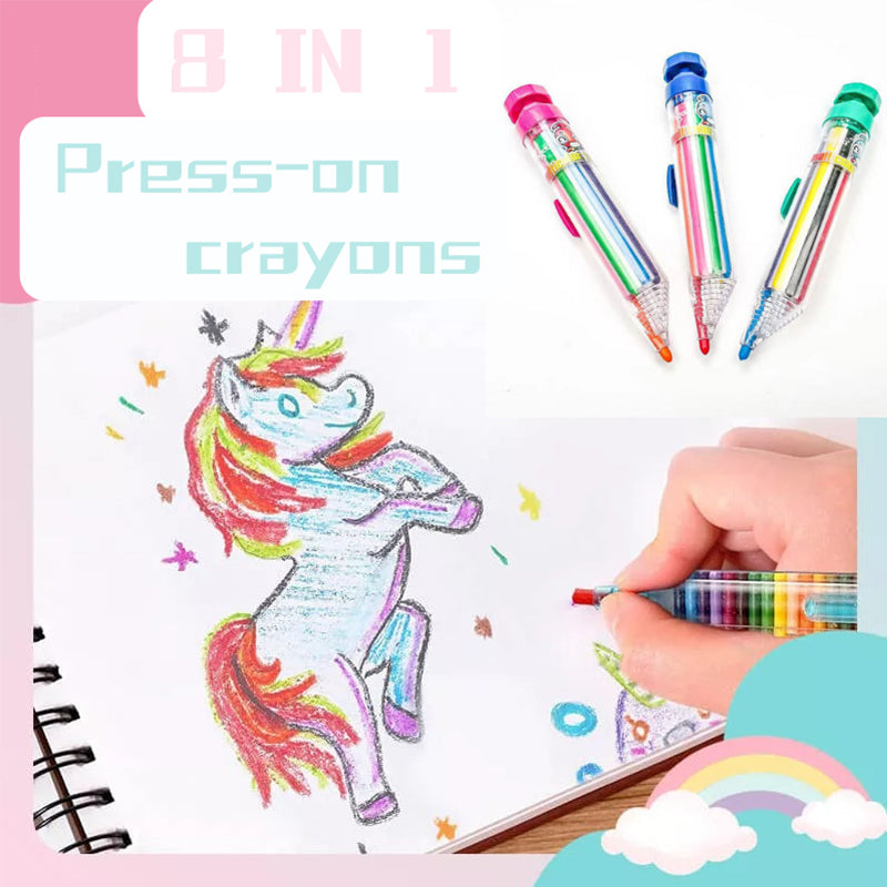 Kids' 8-in-1 multicolor interchangeable crayon with all tips visible, drawing tools for art
