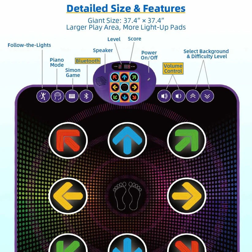 Light-up electronic dance mat for kids, a Bluetooth music game pad promoting active & interactive play.