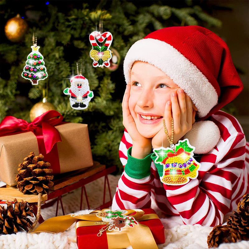 Various holiday diamond painting keychains in the Kids' Craft Kit