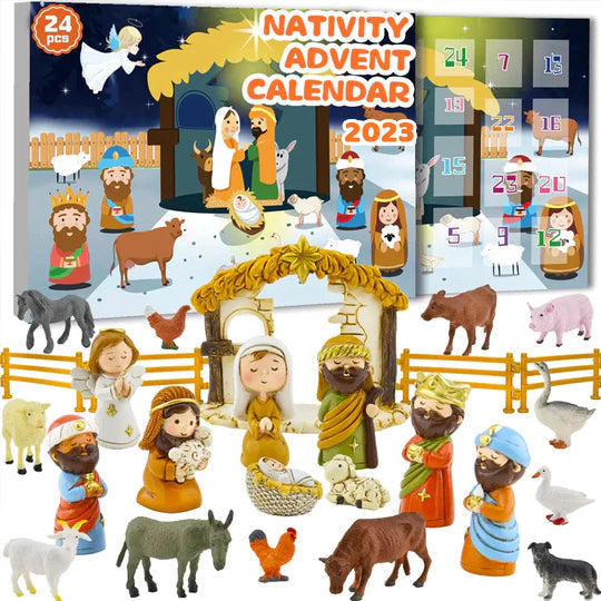 Kids' Christmas Nativity Advent Calendar Set with 24 numbered doors, ideal for children's holiday countdown.