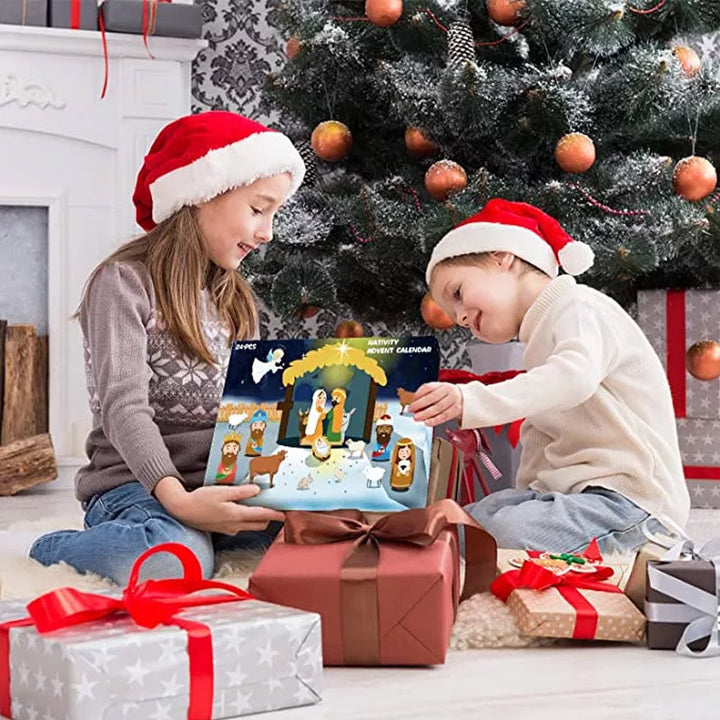 Children opening a door on a Nativity Advent Calendar, revealing a small Christmas figure inside.