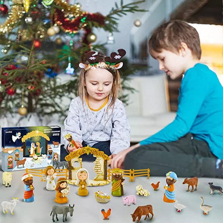 Close-up of a Kids' Christmas Advent Calendar with a detailed Nativity scene illustration on the front.