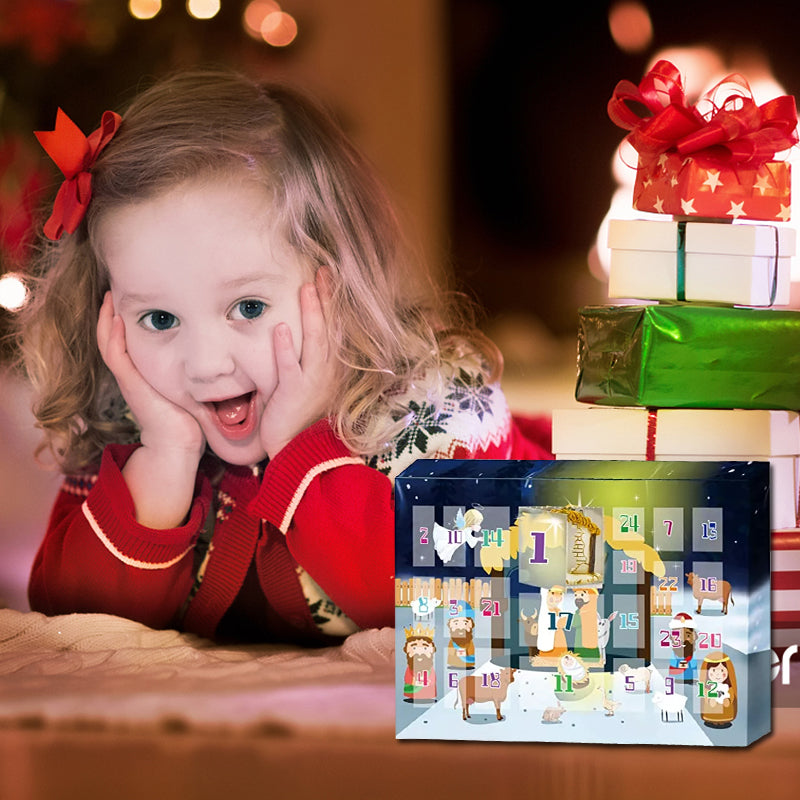Side view of the Kids' Nativity Advent Calendar Set, showcasing its sturdy construction.