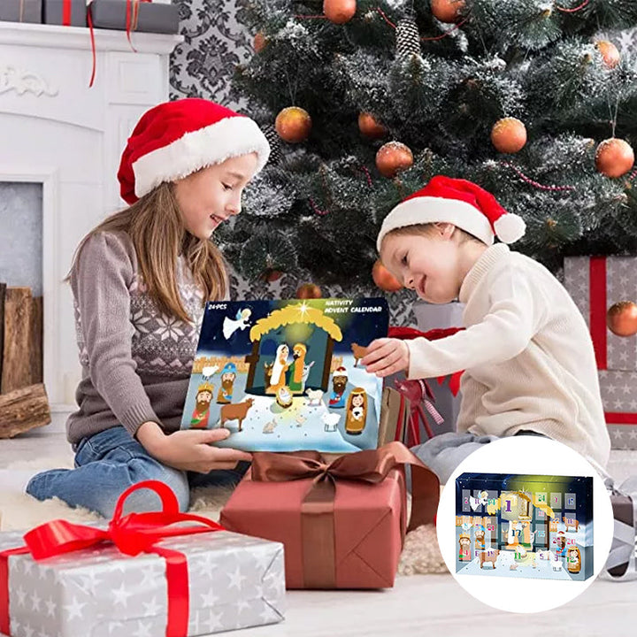Child excitedly holding a new toy from a Christmas Nativity Advent Calendar.