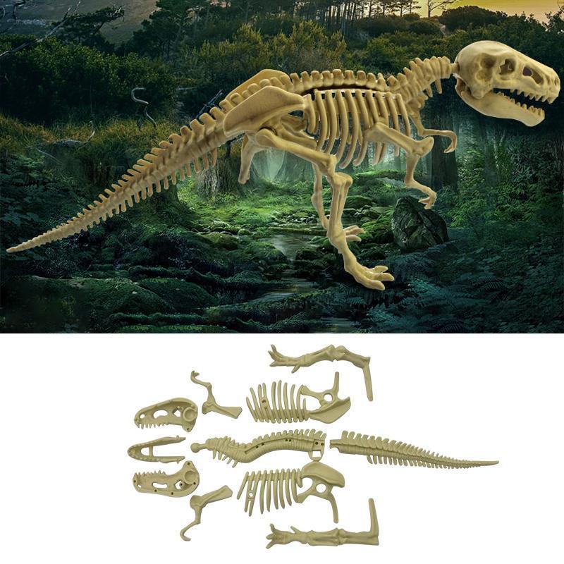 Kids' dinosaur fossil digging kit with brushes, chisel, and dino skeleton for archaeological play.