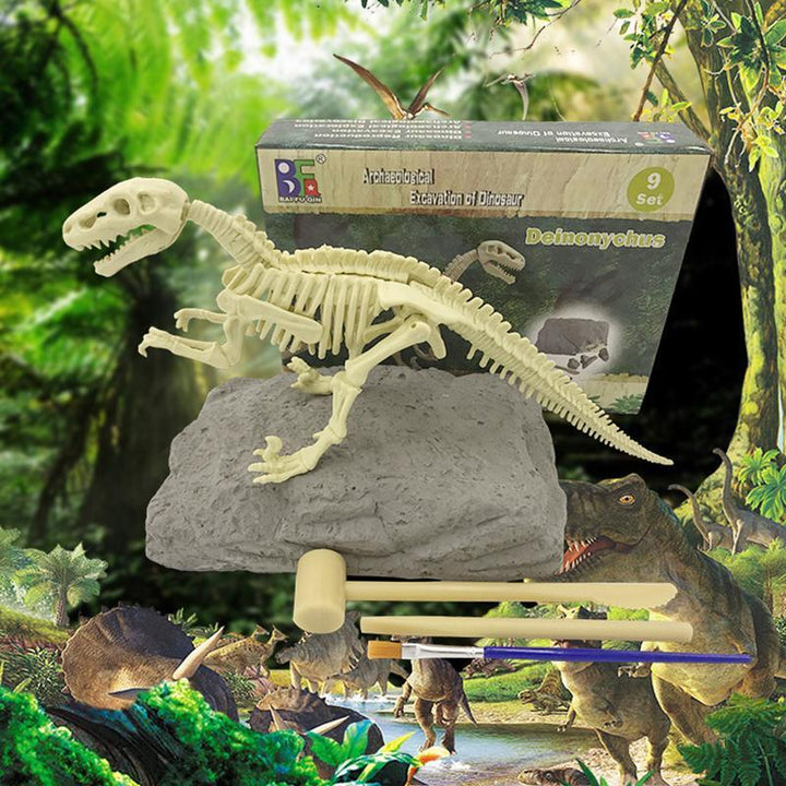 Dinosaur toy STEM kit for kids, combining fossil digging with a skeletal assembly challenge.