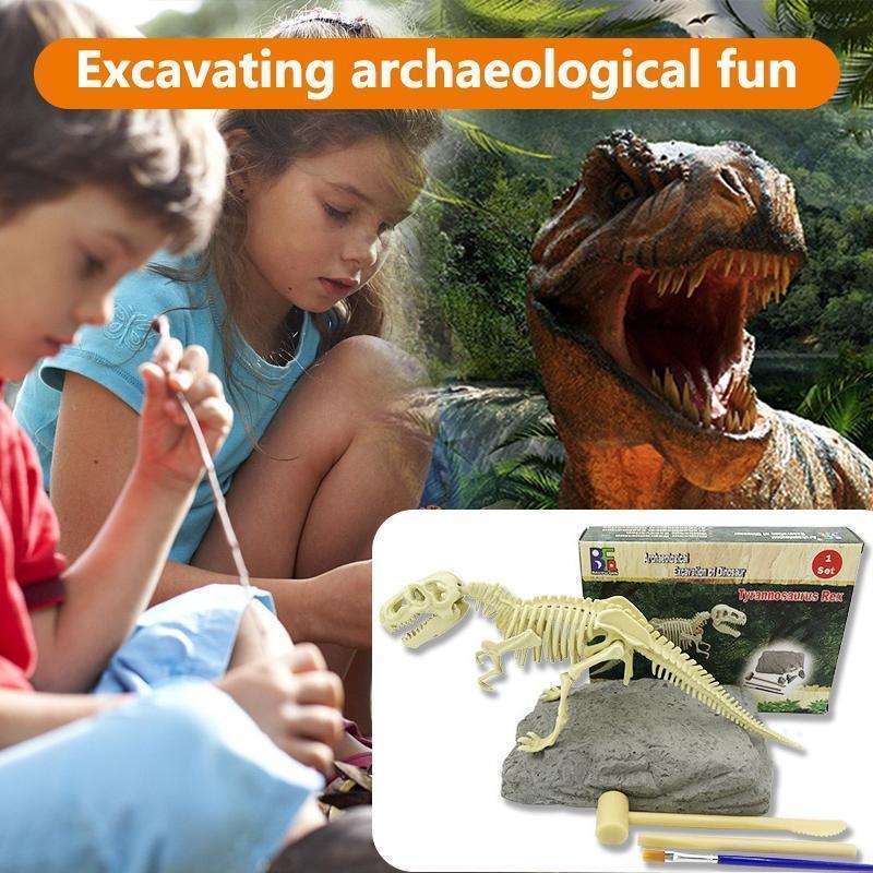 Educational dinosaur digging & assembly kit for kids, featuring a raptor skeleton.