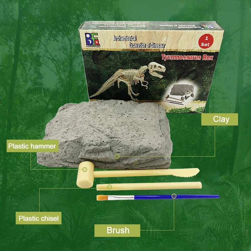 STEM toy: Child excavating a dinosaur fossil from a plaster block using archaeological tools.