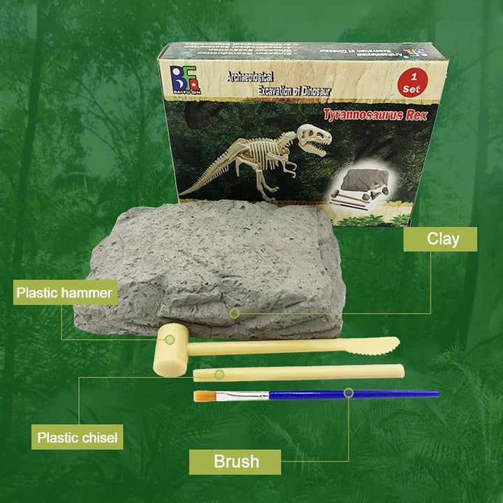 STEM toy: Child excavating a dinosaur fossil from a plaster block using archaeological tools.