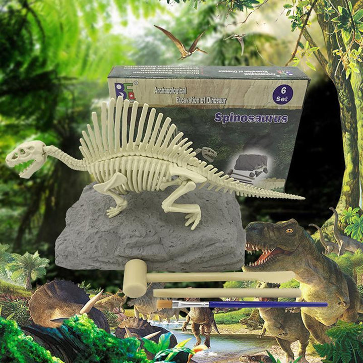 Archaeology kit for children showing a T-Rex skeleton emerging from the dig block.