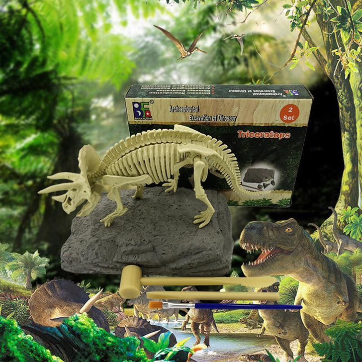 Kids' hands assembling a dinosaur skeleton puzzle from a fossil digging archaeology kit.