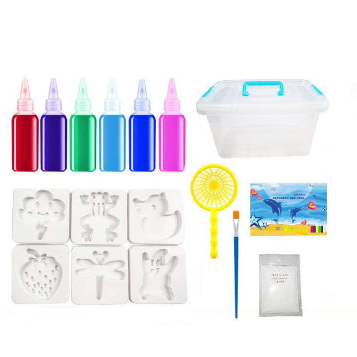 Child making an aqua gel fish, focusing intently with the DIY craft kit for creative development
