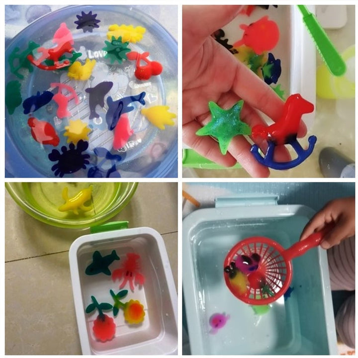 Child proudly displaying their handmade aqua gel octopus from the Kids' DIY Sensory Toy Set