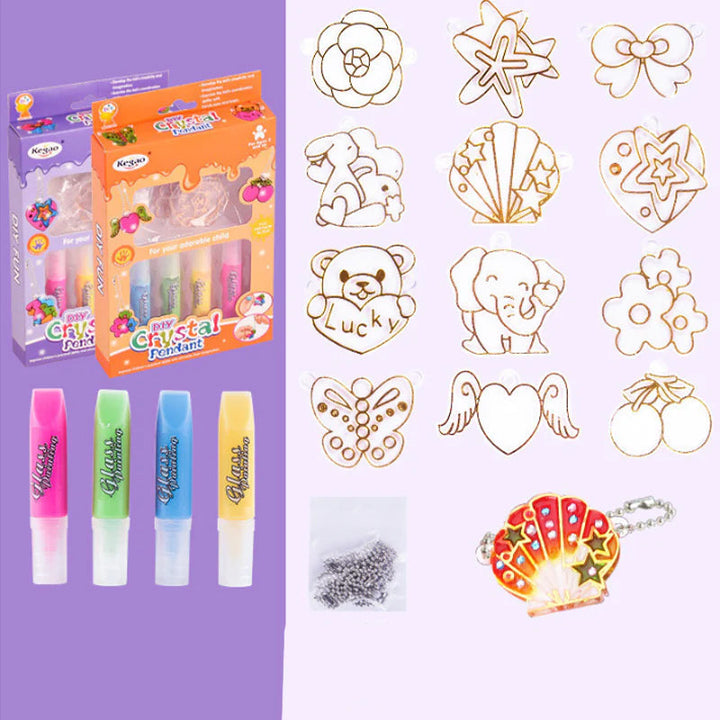 Assortment of colorful crystal gems and a painting canvas from a kids' art kit