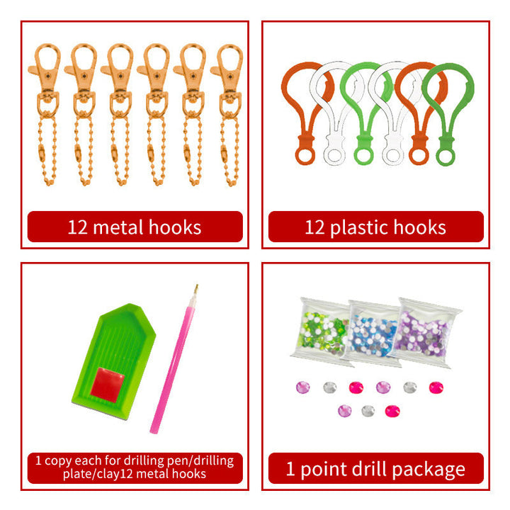Various holographic sticker designs from a kids' diamond painting kit, ready for mini diamond embellishment