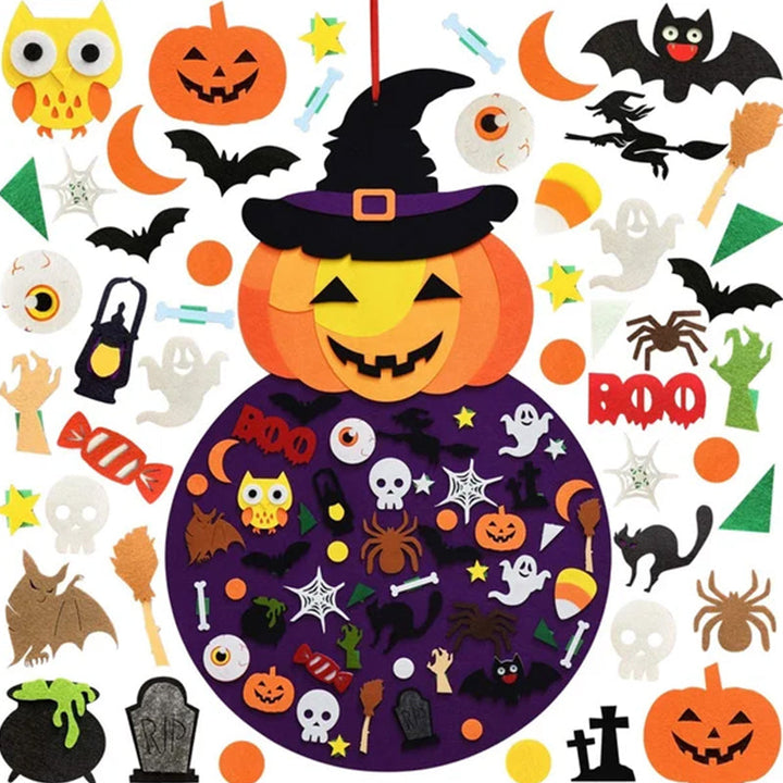 Close-up of felt pieces for a DIY Halloween witch and pumpkin, emphasizing texture and kid-friendly design
