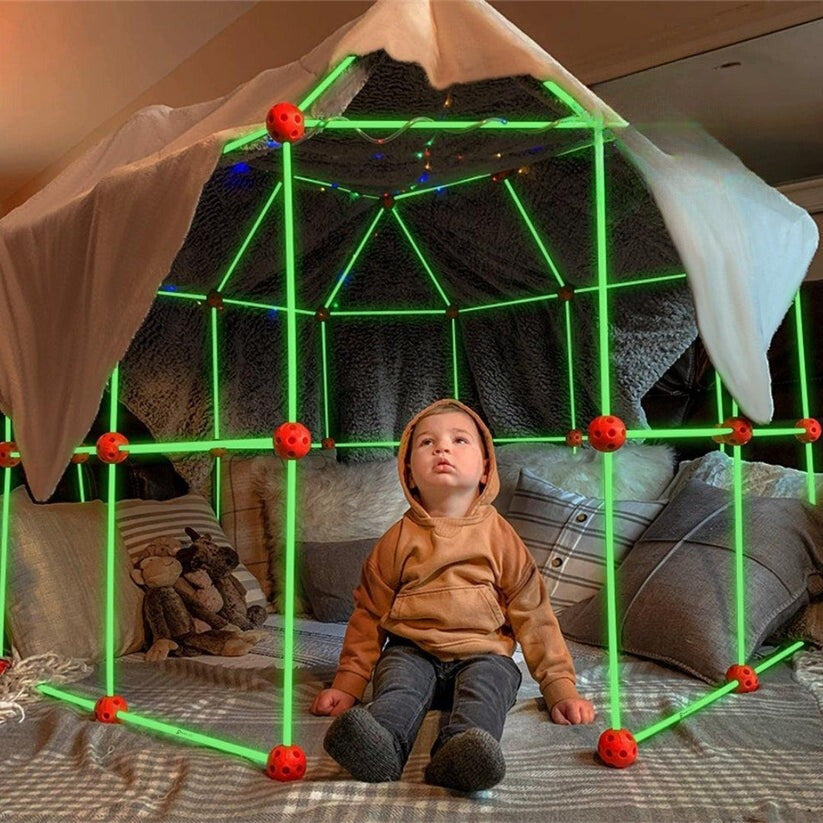 Kids' DIY fort building kit with colorful tent for imaginative indoor and outdoor play. STEM toy gift.