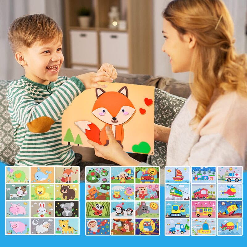 Kids DIY Fun Foam Sticker Art Kit for creative play & toddler activity, featuring EVA foam animals & transportation.