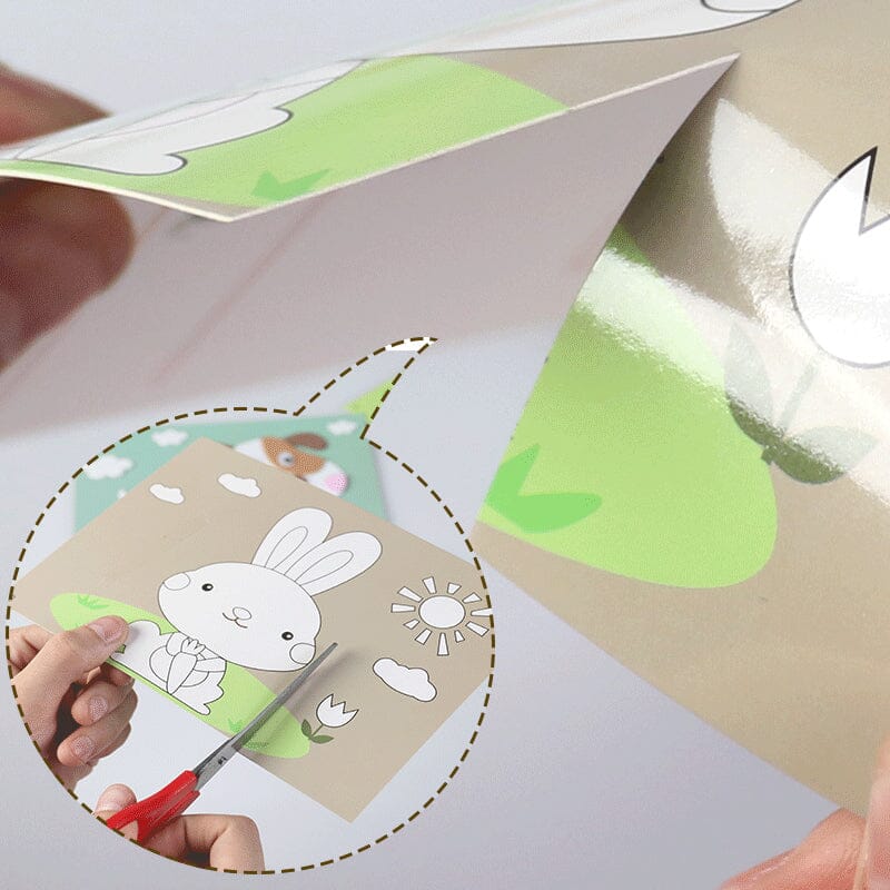 Detail of a lion foam sticker being applied, showcasing the 'animal craft' aspect of the DIY kit.