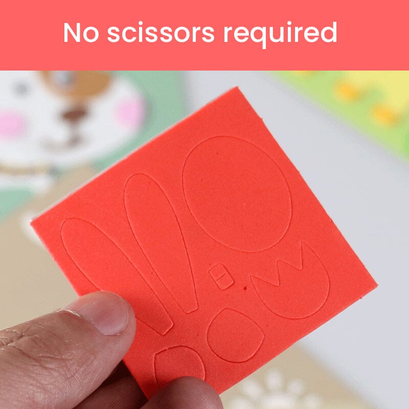 Smiling child engaged in a toddler activity with the EVA foam sticker art kit, a great gift for kids.